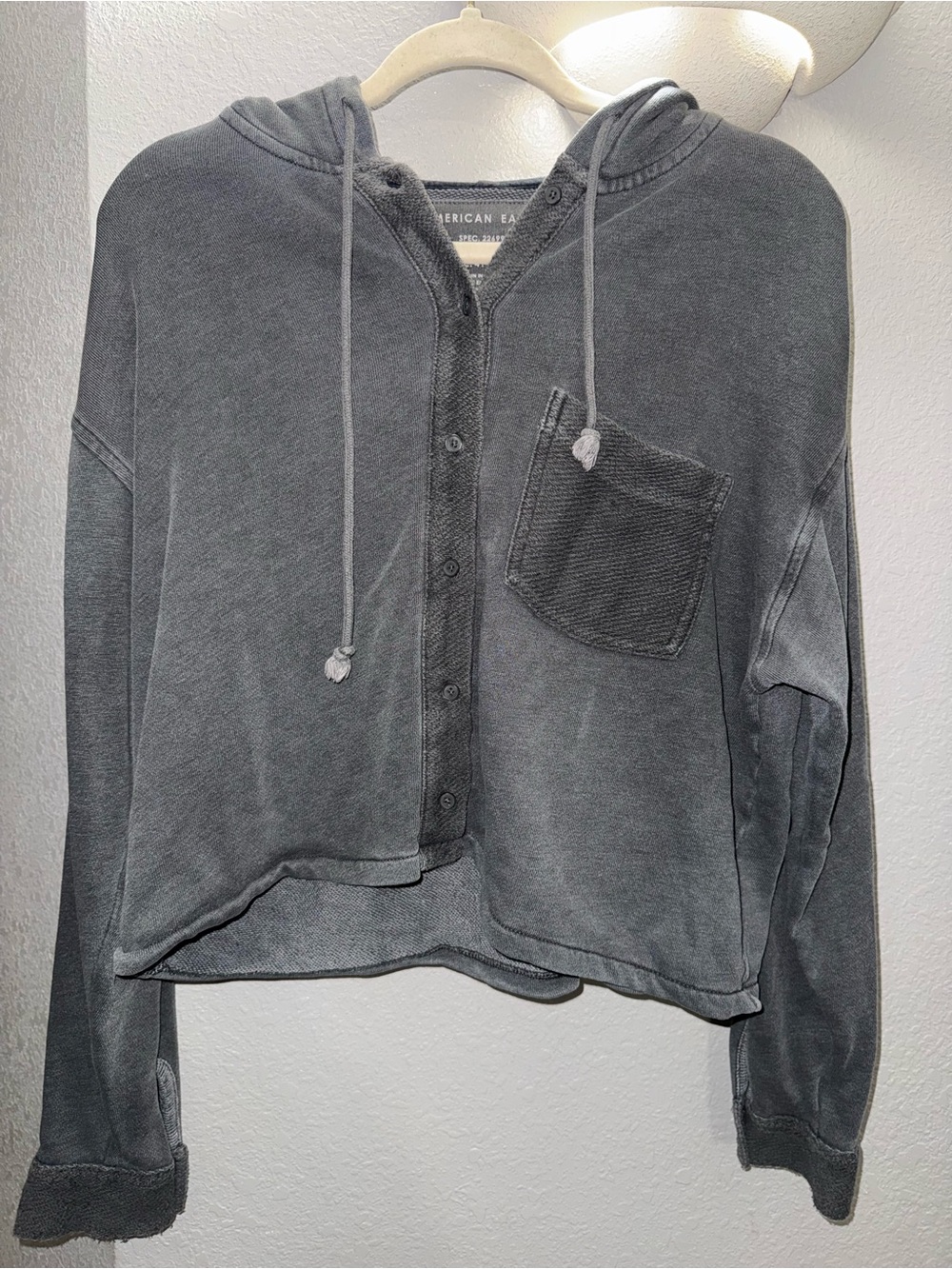 American Eagle Outfitters Washed Gray Hooded Button-Up Sweatshirt